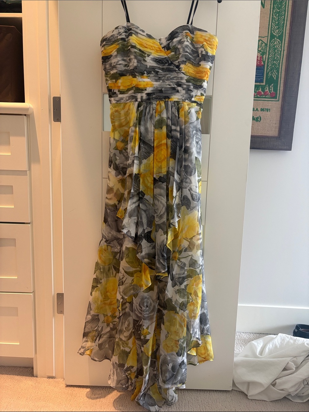Laundry Yellow and Gray roses Strapless high-low gown